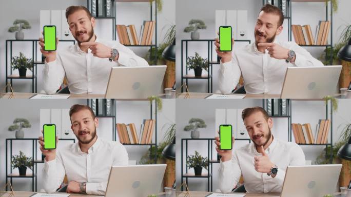 开发商商务人士持有智能手机绿屏色度键推荐应用销售优惠