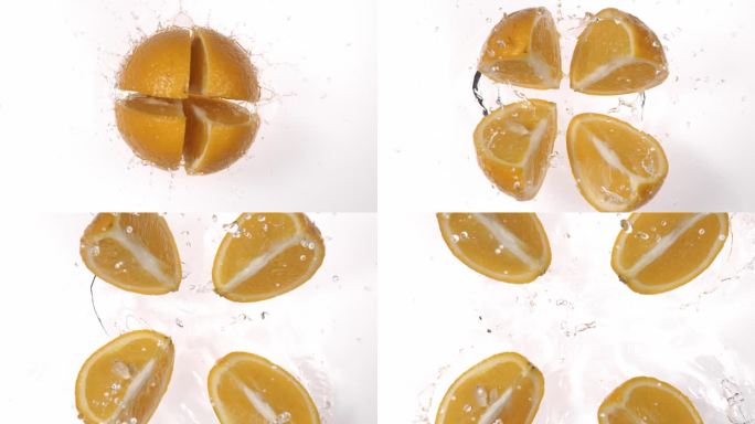 俯拍橙子落下 散开 水花飞溅 4k慢镜头