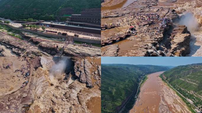 航拍黄河壶口瀑布人山人海景区大门