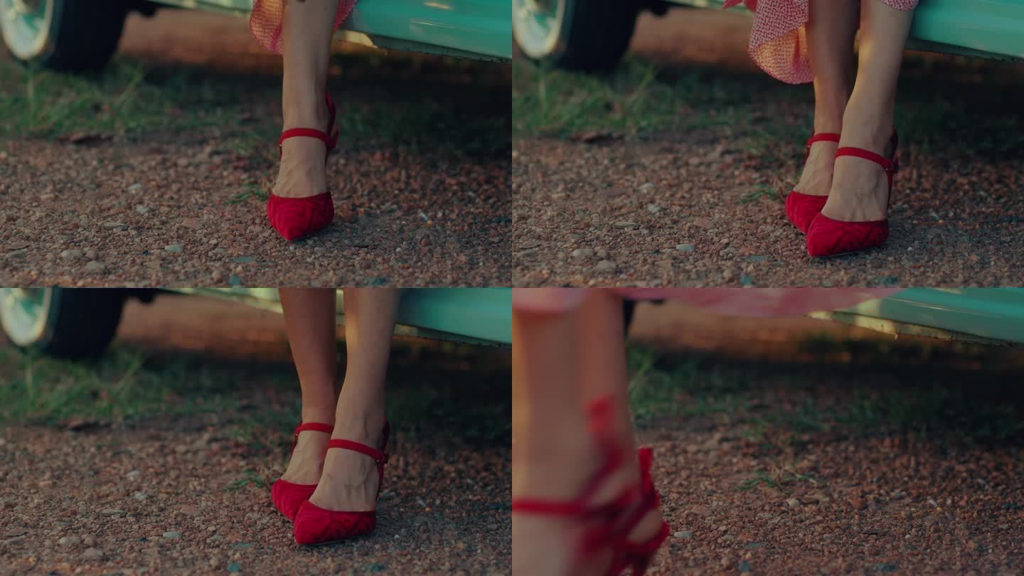 穿着红鞋的女人从复古车里出来的特写