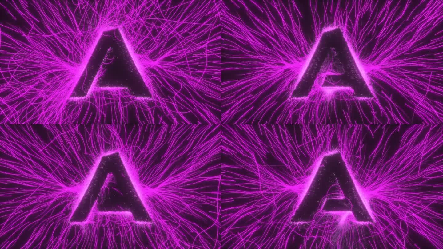 黑色背景上的弯曲射线和火花在发光的霓虹灯电场中揭示字母A