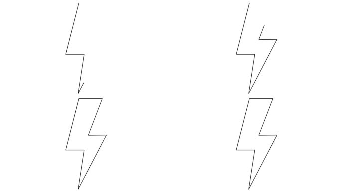 闪电的动画线性黑色符号。线能量图标的权力。电闪光。标志是逐渐画出来的。矢量插图隔离在白色背景上。