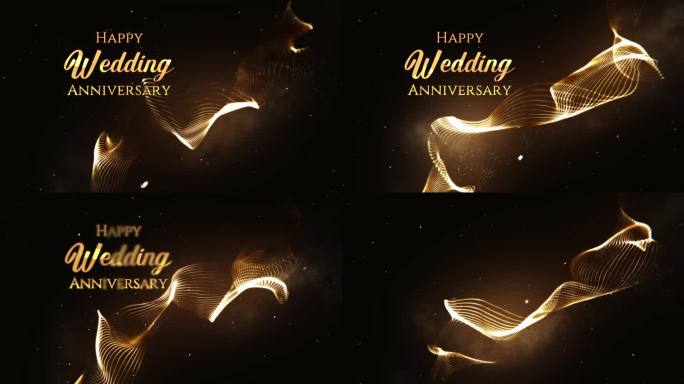 奢华的金色闪亮的结婚纪念日快乐的动荡波浪线上的刻字粒子飞起来闪闪发光的火花尘埃，无缝循环与背景分开
