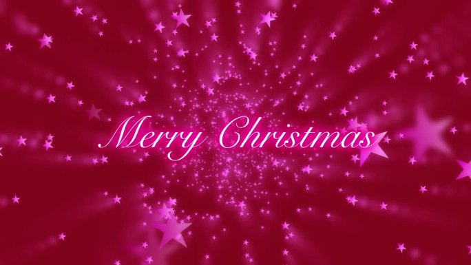 圣诞快乐的文字出现，而发光的粉红色星星飞走在红色的背景。模糊的动态图像。