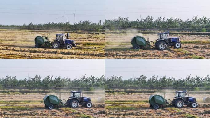 稻草打捆机秋收田间作业视频