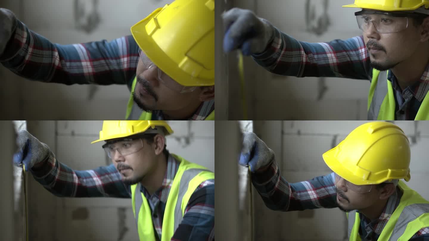 工人亚细亚在施工现场用水位测量仪安装窗户。