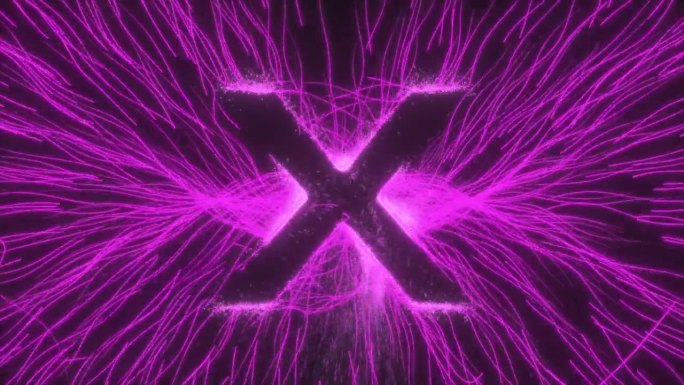 字母X显示在发光的霓虹灯电场弯曲的射线和火花在黑色背景