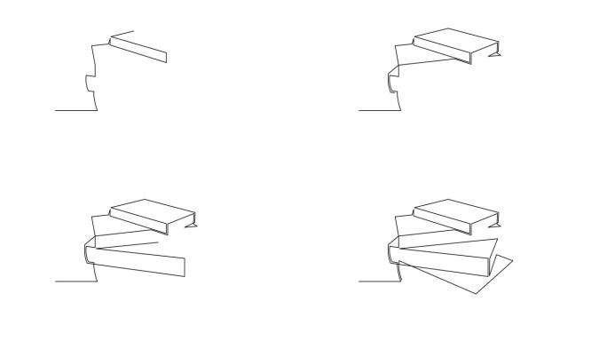一摞书，一行艺术动画，手绘一摞笔记本连续轮廓运动。教育学习理念大纲，节日知识日视频，极简设计。4 k