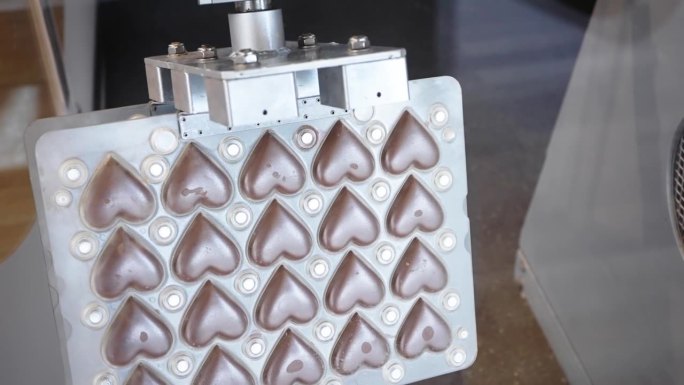 在工厂的自动机器人生产线上生产美味的巧克力糖果，动作缓慢