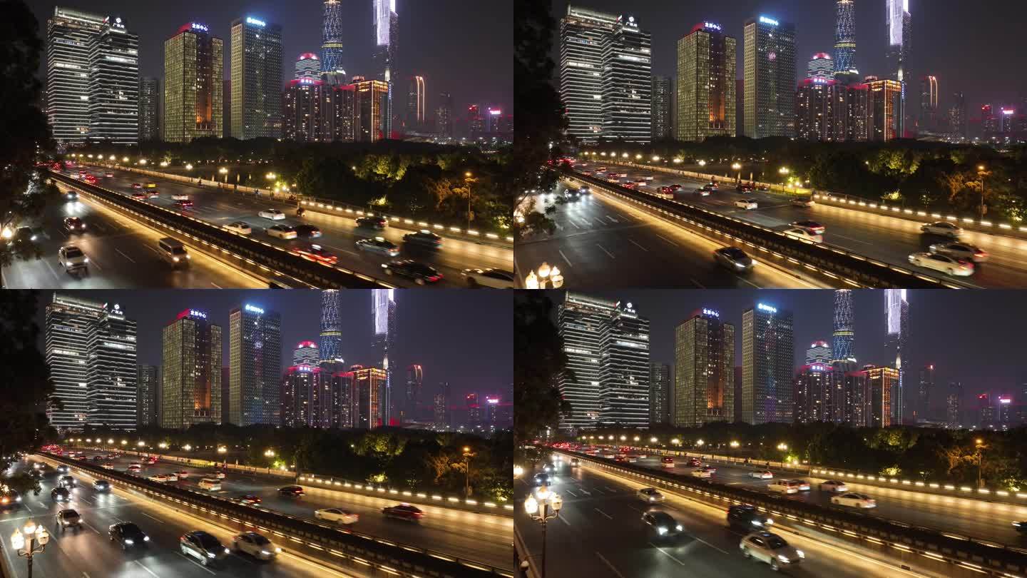 晚上航拍广州大桥天河车流中央商务区