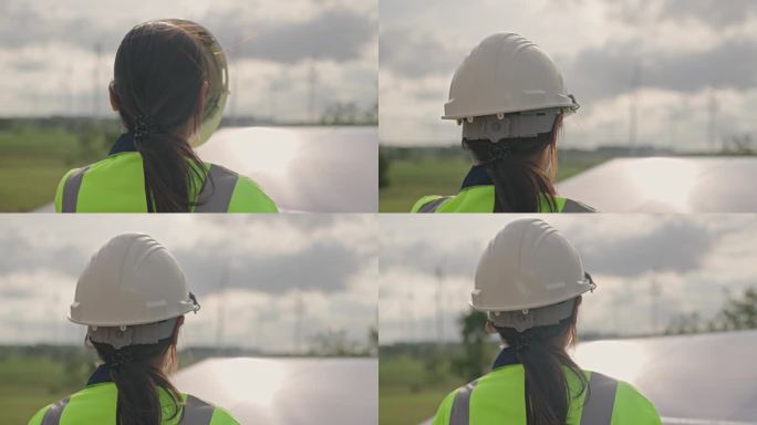 女工程师在日落时分戴上施工头盔