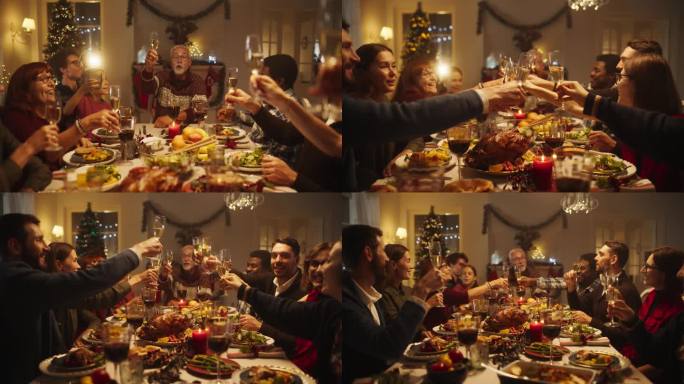 家人、孩子和朋友在下午一起在家吃圣诞晚餐。多元文化家庭抚养孩子，碰杯香槟，用美味的火鸡大餐庆祝节日