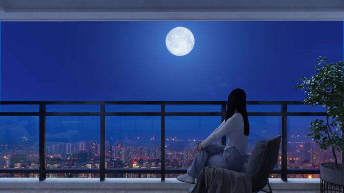 4K女人阳台看月亮