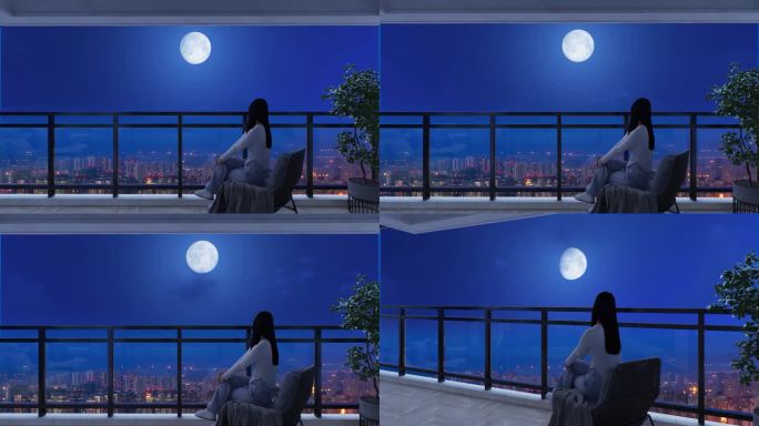 4K女人阳台看月亮