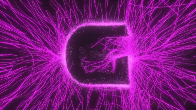 字母G在发光的霓虹灯电场中被黑色背景上的弯曲射线和火花所揭示