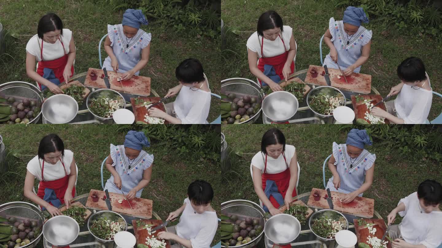 日本妇女在菜园里切新鲜蔬菜