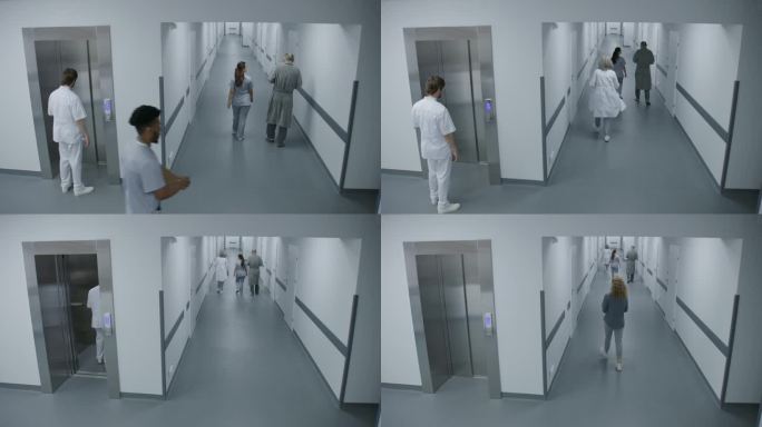 繁忙的医院走廊:男医生走进电梯