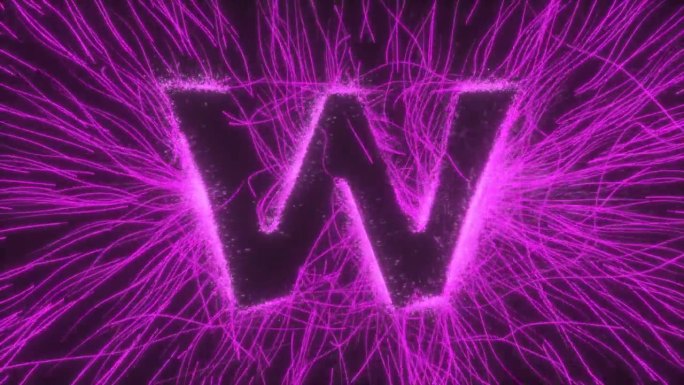字母W显示在发光的霓虹灯电场弯曲的光线和火花在黑色背景