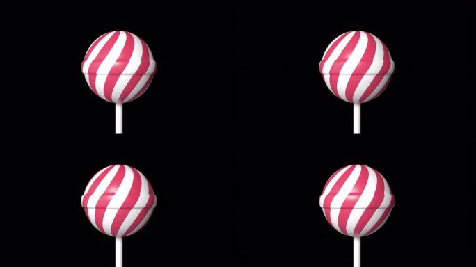 条纹红色和白色棒棒糖棒在阿尔法通道背景上旋转。旋转的草莓棒棒糖。变成红色和白色的糖果棒棒糖。无尽的循