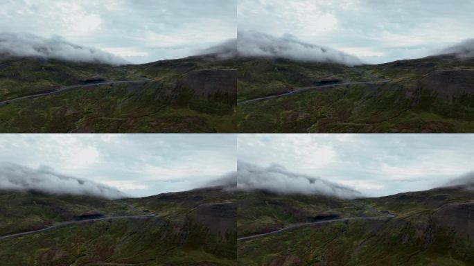 冰岛东部博尔加峡湾山区公路鸟瞰图——无人机拍摄
