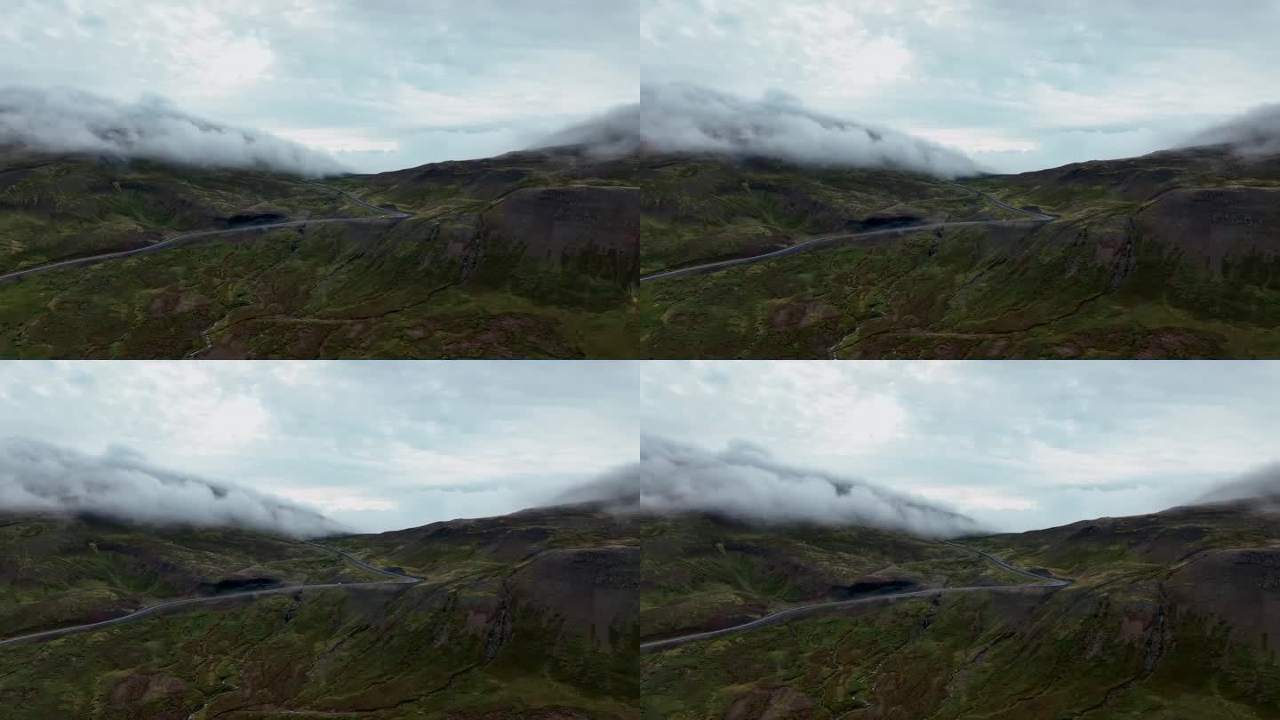 冰岛东部博尔加峡湾山区公路鸟瞰图——无人机拍摄