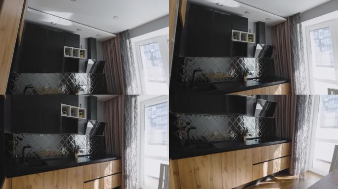 小公寓里的现代化厨房。厨房内部配备现代舒适的设备。