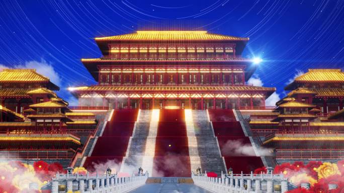 中国风古风宫殿花海背景巨幕