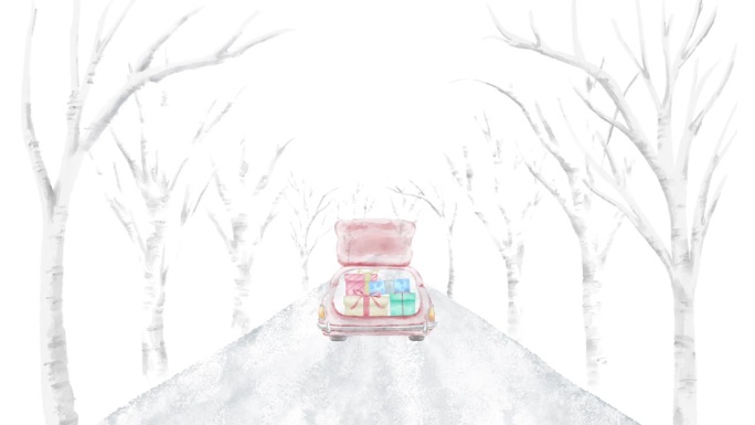 一辆载着礼物的红色小汽车在冬天行驶在白树成荫的街道上的动画。