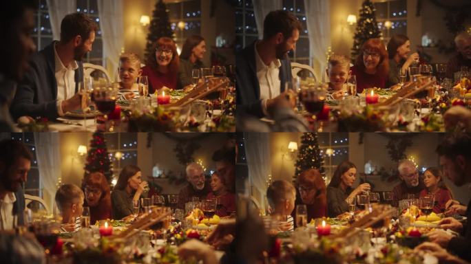家人、孩子、朋友和年轻夫妇聚在家里度过一个欢乐的圣诞之夜。不同的人享受美味的火鸡大餐，分享温馨的对话