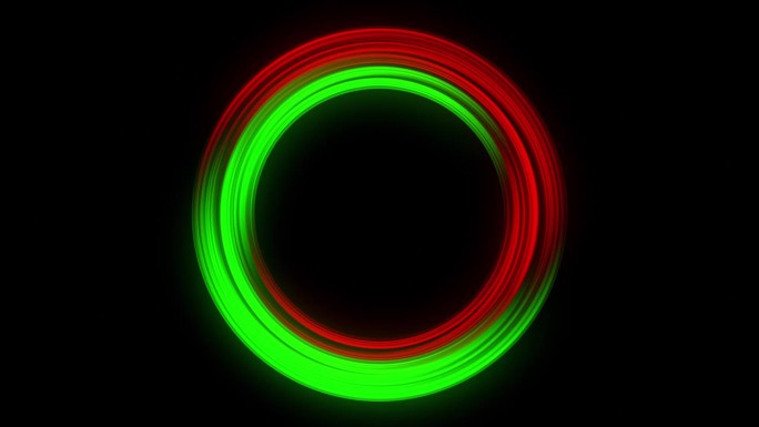 红绿相间的发光圈。能量洞，漩涡流。发光传送门，旋转。红色和绿色背景。霓虹灯。