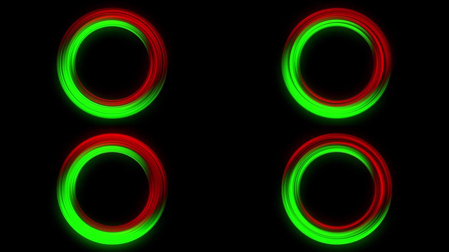 红绿相间的发光圈。能量洞，漩涡流。发光传送门，旋转。红色和绿色背景。霓虹灯。
