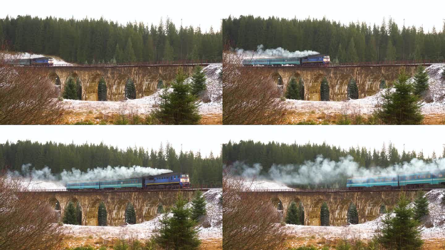 高架桥火车在喀尔巴阡山脉冒烟