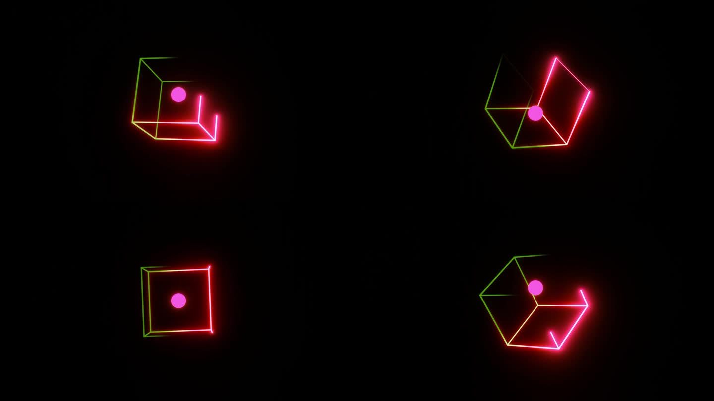 无缝循环旋转线框立方体与球体内黑色背景，迪斯科或夜总会装饰。霓虹灯渐变。绿色、红色和粉红色