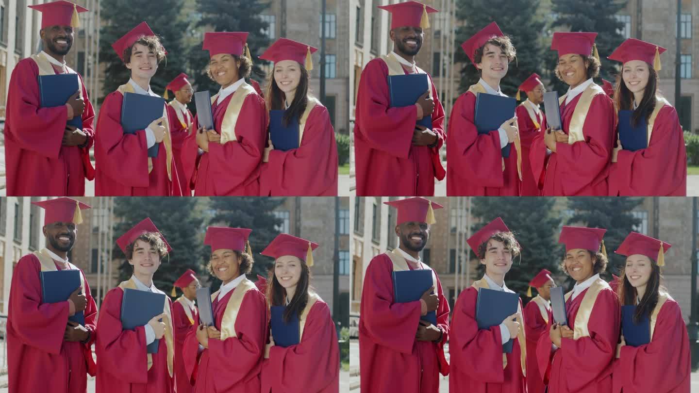 身着学士服、手持毕业证书站在校园里微笑的毕业生肖像