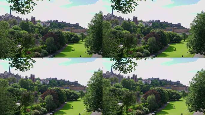 从城堡脚下的花园俯瞰爱丁堡城全景，苏格兰。