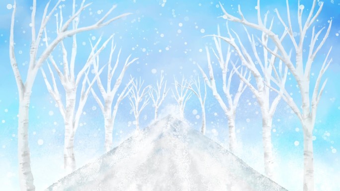 一个循环动画的雪连续下降在一个绿树成荫的街道在冬天。