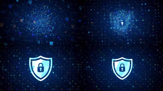 未来的运动视图蓝白色数字安全盾锁符号揭示上深蓝色彩色闪烁盾锁粒子闪烁图案