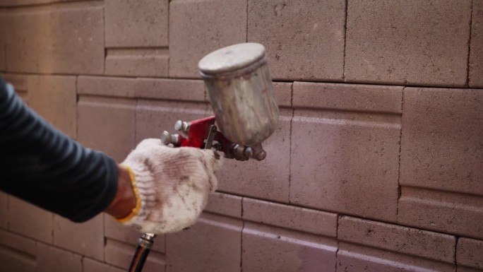 近距离的手亚洲专业喷漆工使用的工具，适用于油漆外墙。