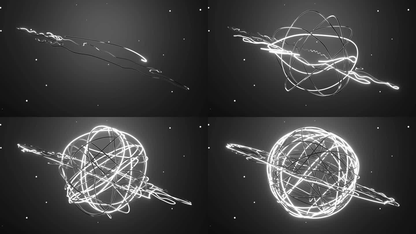 由旋转和漂浮的曲线形成的土星行星，黑白未来主义的空间壁纸与动画球。美丽的土星星系宇宙空间宇宙概念艺术