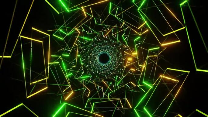 绿色和黄色螺旋在两个方向上旋转，就像蜘蛛网3d渲染。图案用于屏幕迪斯科俱乐部，音乐节，广播，dj迪斯