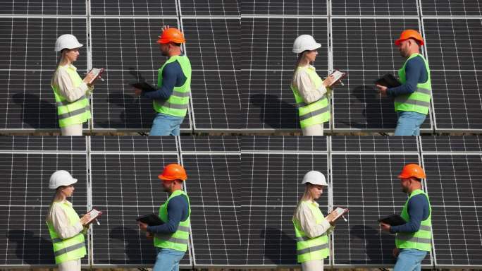 一男一女投资者戴着头盔，穿着特殊的制服，站在太阳能电池板的背景下。广告理念为成功的商业、生态和金融