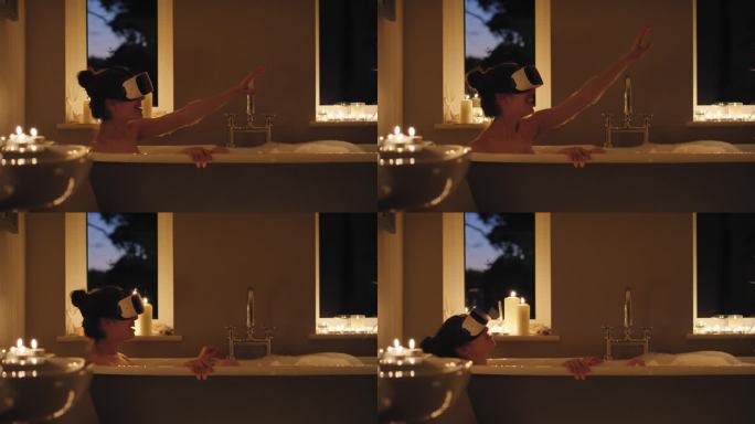 性感的年轻女子戴着虚拟现实耳机，在泡泡浴浴缸放松，观看360度沉浸式概念正念生活方式视频