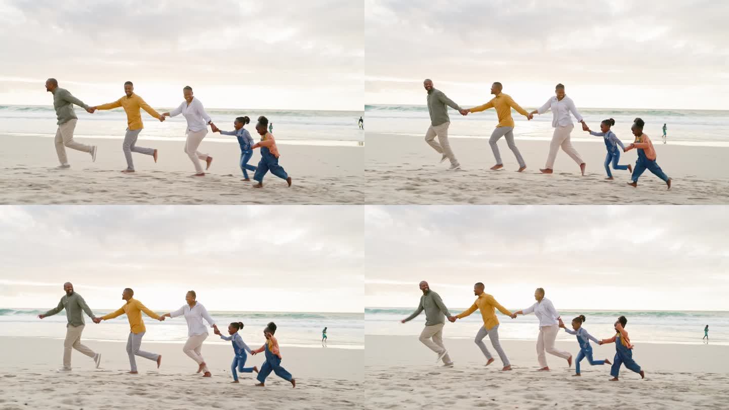 夏天，黑人家庭和手牵着手或在海滩上跑步度假，关心和亲密。欢笑，支持和爷爷奶奶，父亲和孩子用亲情，在海