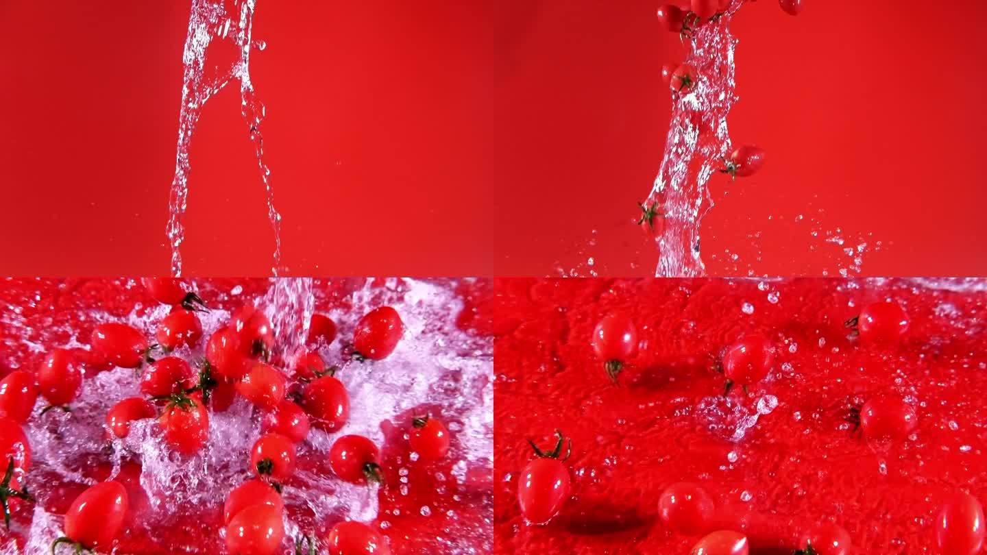 红背景圣女果小番茄高速拍摄慢动作