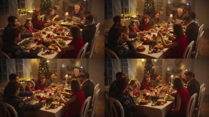 不同群体的人，年轻人和老年人，分享一个快乐的圣诞晚餐在家里。一家人坐在摆满美味烤火鸡大餐的大餐桌后面