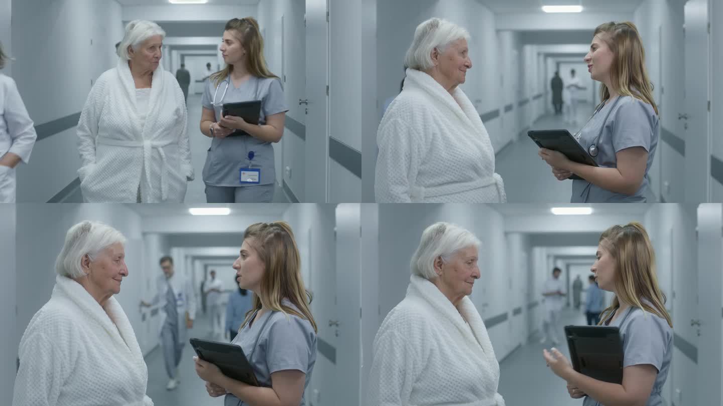 拿着药片的护士和老妇人交谈着，沿着诊所走廊走着