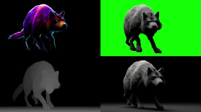 彩色幽灵狼:荧光怪物在黑暗中行走。令人不安的灯光营造出一种恐怖的气氛。包含渠道。视频是循环播放的。