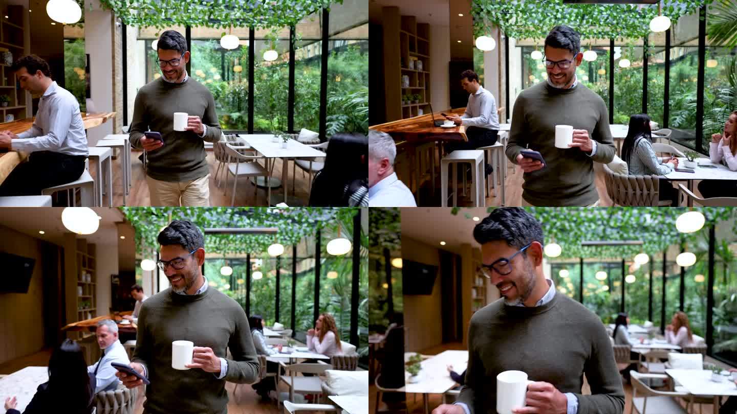 一个心情愉快的商人一边看短信，一边在一家餐馆喝咖啡，一边走开