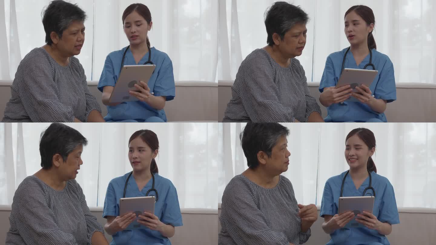 亚洲女护士使用片剂提供健康信息