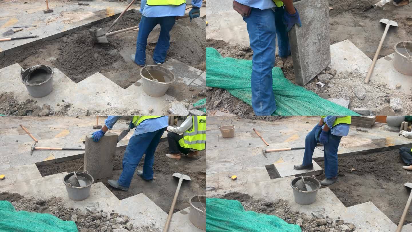 修路工人补路施工青石路板水泥施工路面青砖